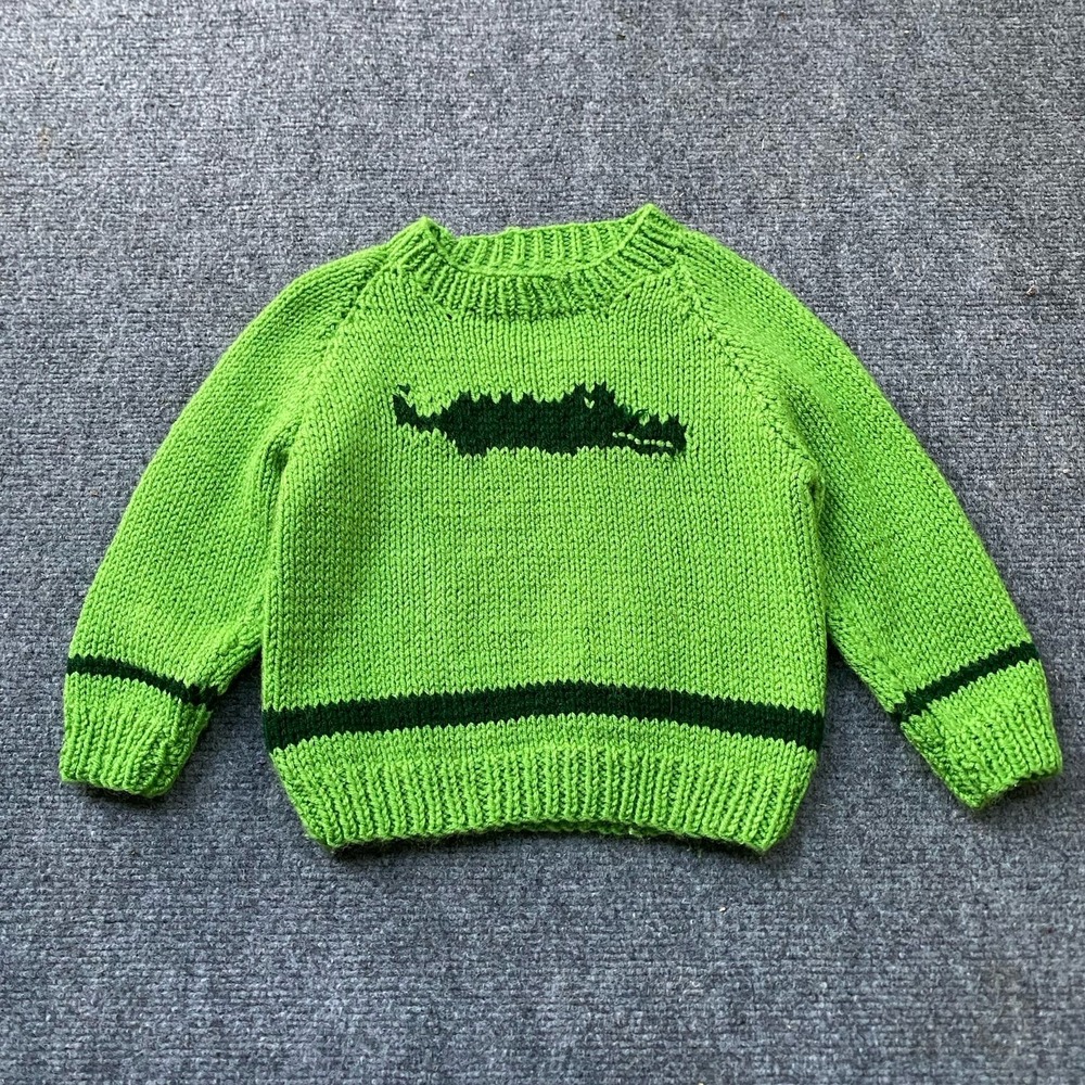 Hand Knit Sweater Pullover 2T Wool Toddler Bright Green Alligator